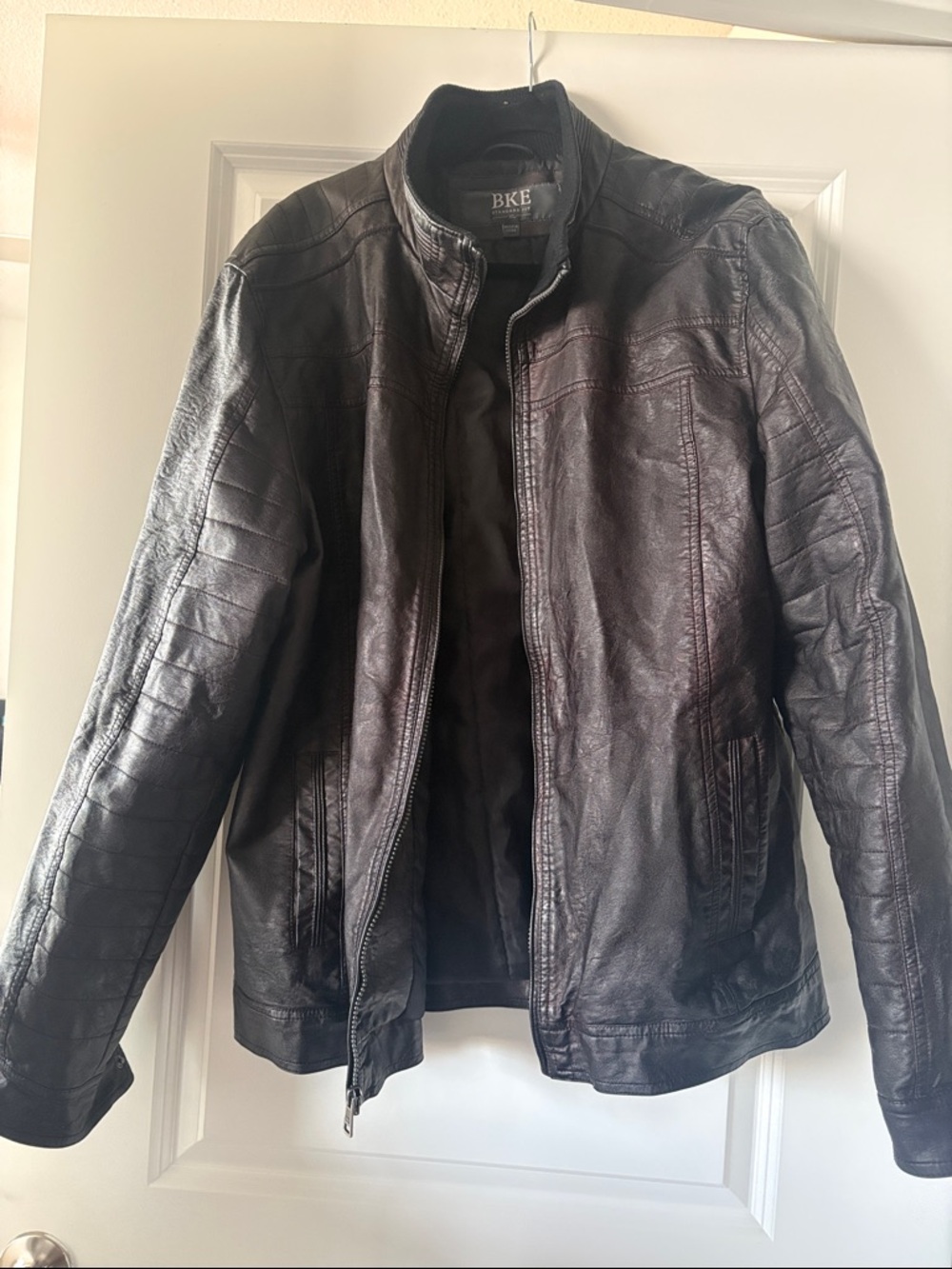 BKE Men's Dark Brown Leather Bomber Jacket
